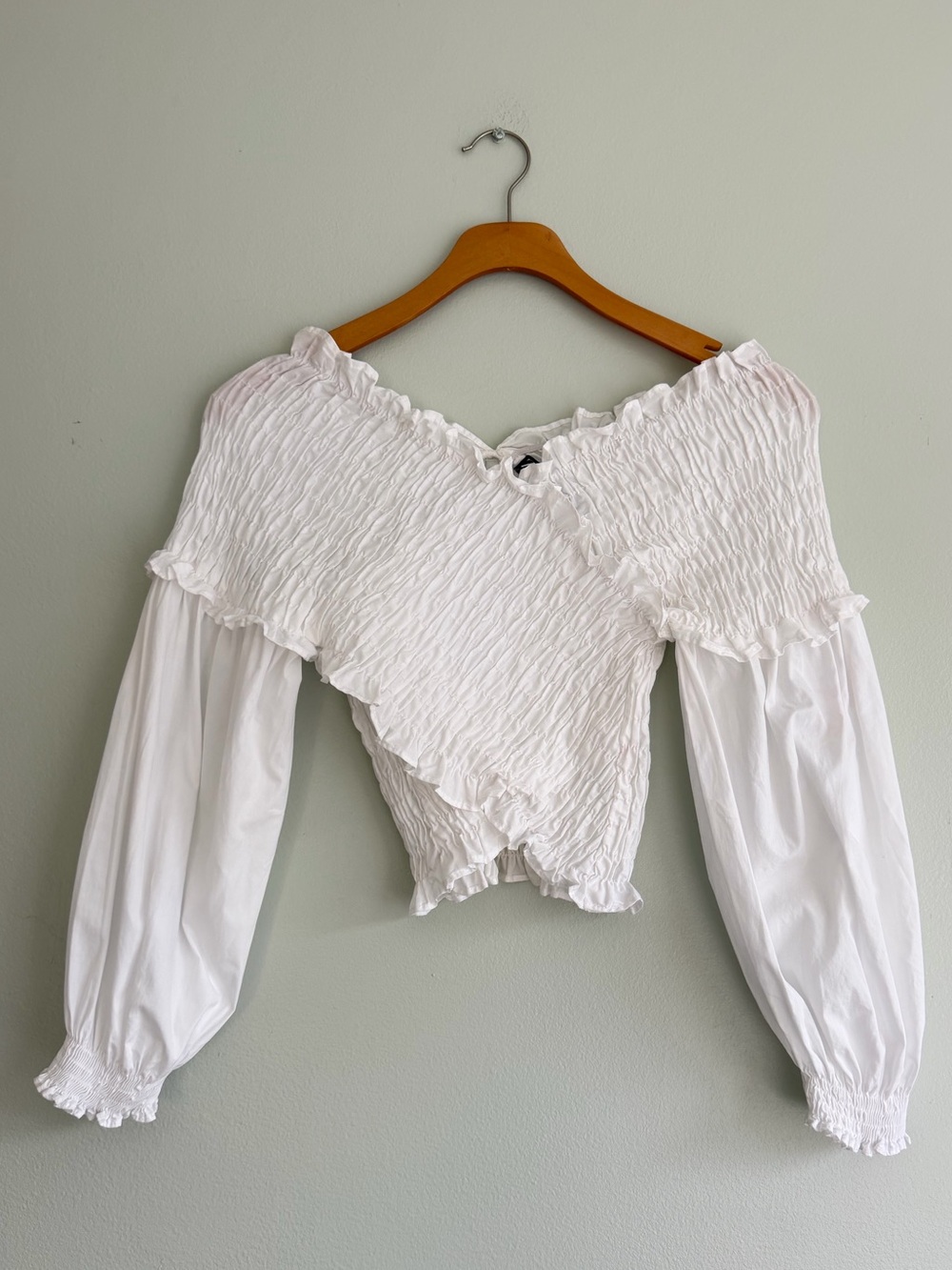 Zara White Smocked Off Shoulder Crop Top